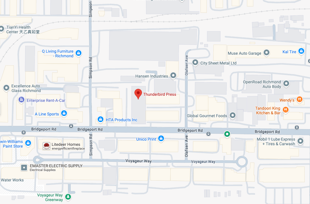 Map showing Thunderbird Press on Bridgeport Rd, Richmond, BC