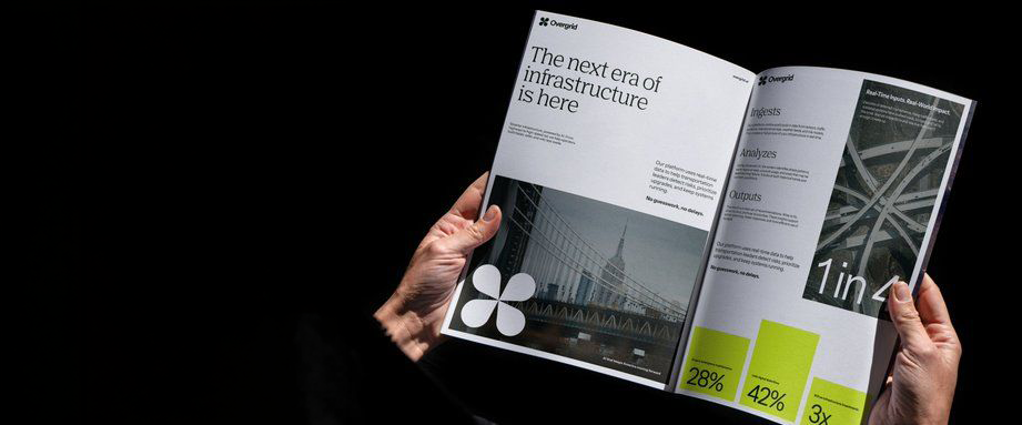 Overgrid, perfect-bound brochure spread